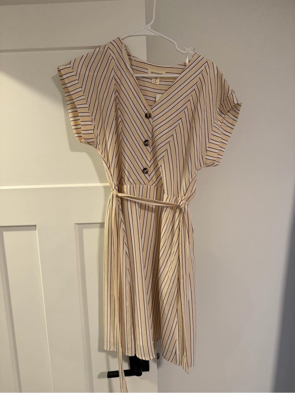 Monteau Striped Cream and Black Tie-Waist Dress